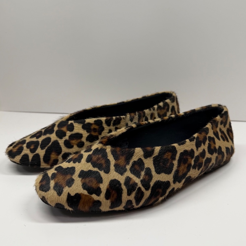 Zara Leopard Print Pony Hair Ballet Flats V-Cut Almond Toe Brown Tan 40